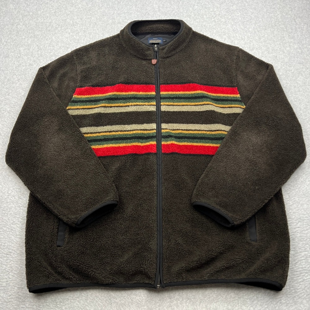 Pendleton Camp Stripe Fleece Jacket Mens XXL Brown Full Zip Sherpa Pockets Coat